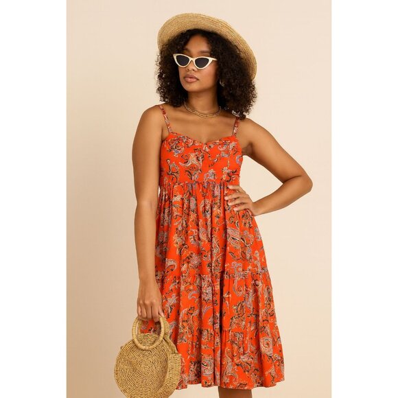 INC Size 10 International Concept Midi Lined Orange Floral Tiered Dress - Picture 3 of 9